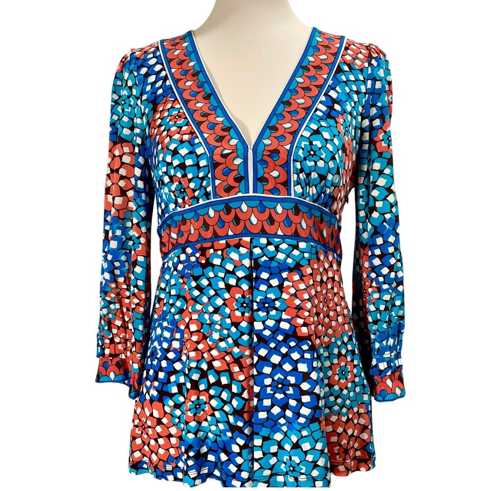 eci New York Floral V-neck Top 3/4 Sleeves Keyhole Back Stretch Y2K Blouse Med